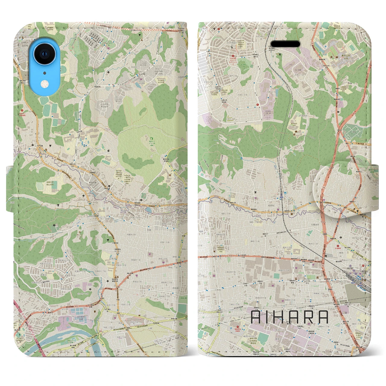 【相原】地図柄iPhoneケース（手帳両面タイプ・ナチュラル）iPhone XR 用