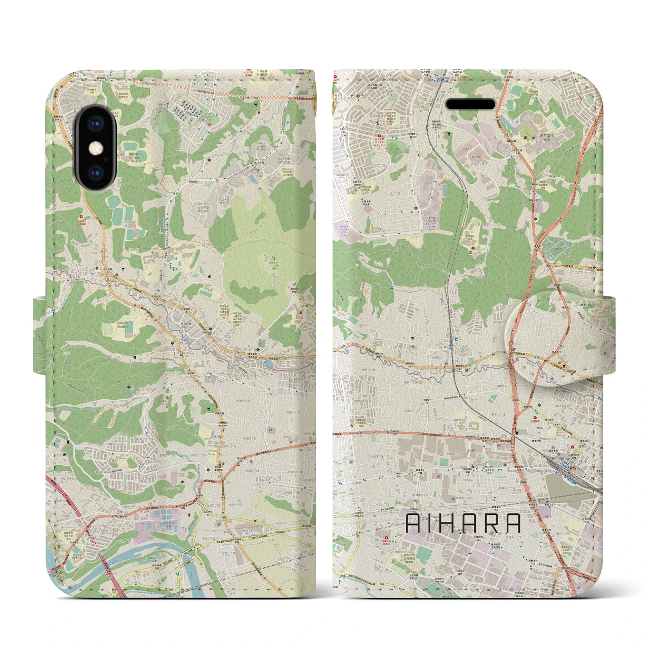 【相原】地図柄iPhoneケース（手帳両面タイプ・ナチュラル）iPhone XS / X 用