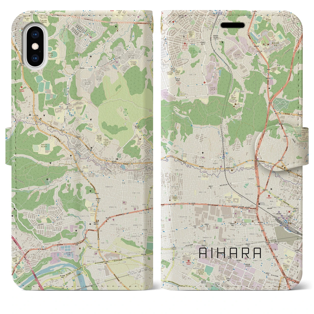 【相原】地図柄iPhoneケース（手帳両面タイプ・ナチュラル）iPhone XS Max 用