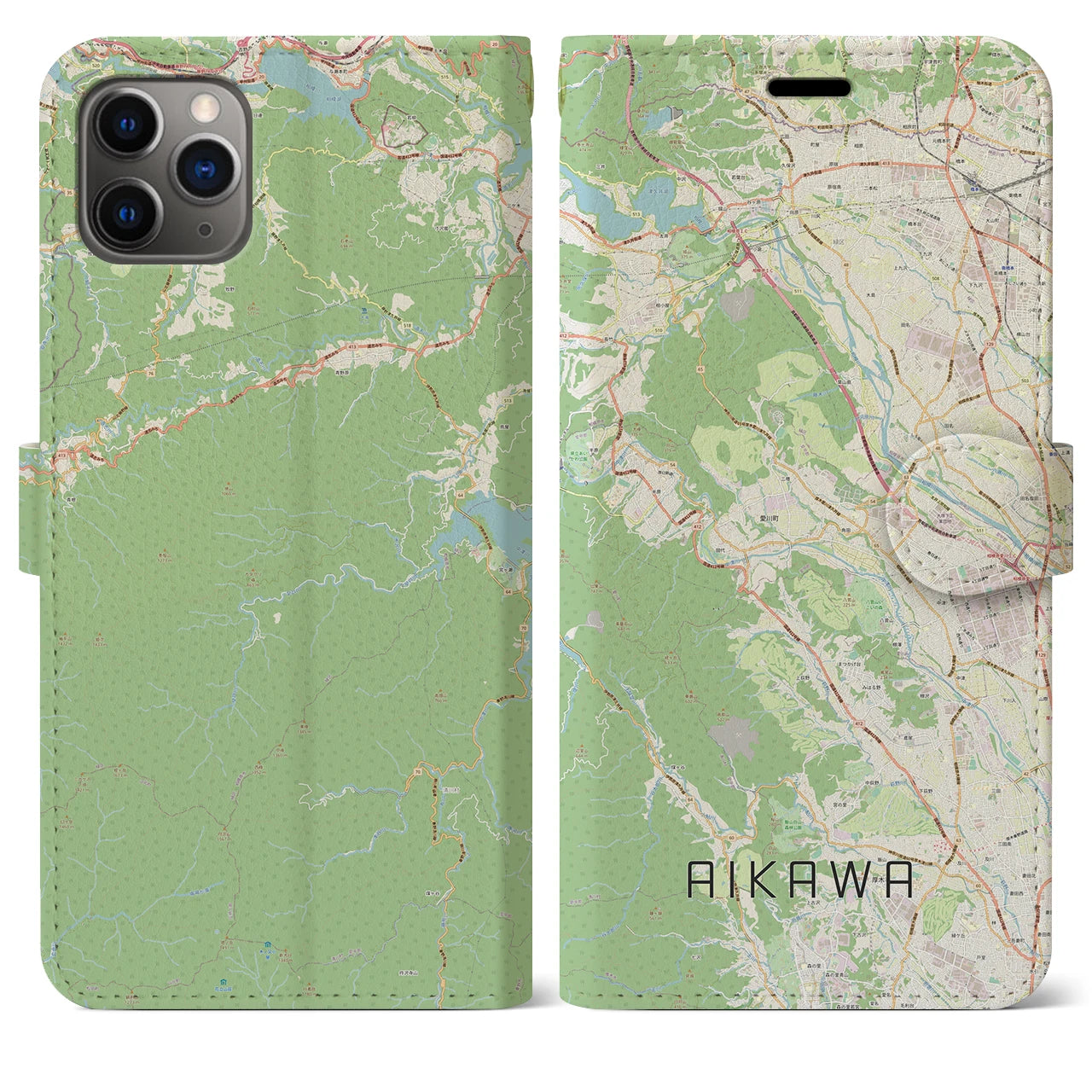 【愛川】地図柄iPhoneケース（手帳両面タイプ・ナチュラル）iPhone 11 Pro Max 用