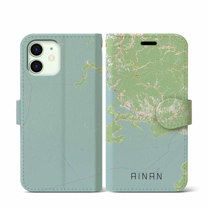 【愛南（愛媛県）】地図柄iPhoneケース（手帳タイプ）ナチュラル・iPhone 12 mini 用