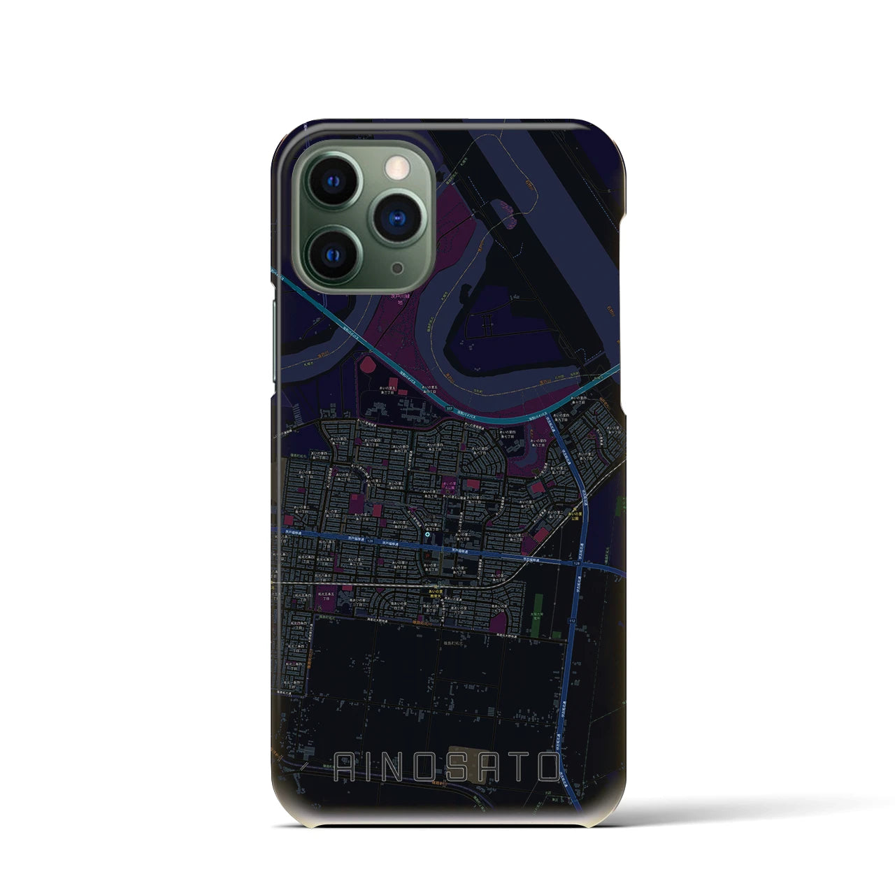 【あいの里】地図柄iPhoneケース（バックカバータイプ・ブラック）iPhone 11 Pro 用