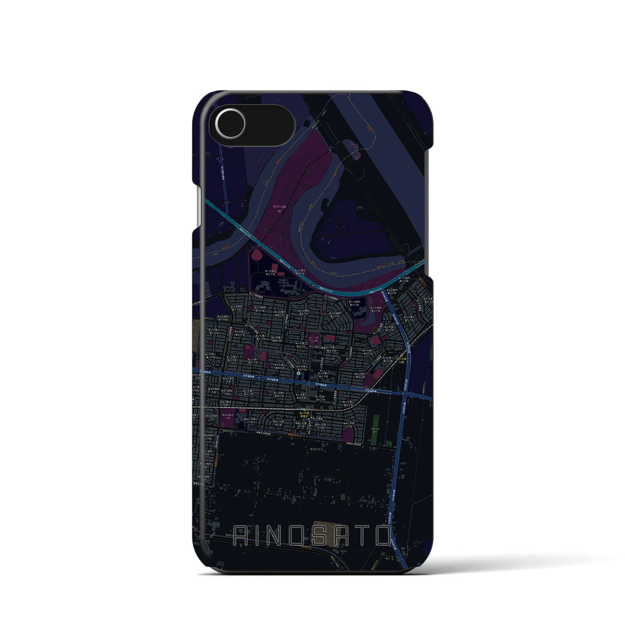 【あいの里】地図柄iPhoneケース（バックカバータイプ・ブラック）iPhone SE（第3 / 第2世代） / 8 / 7 / 6s / 6 用