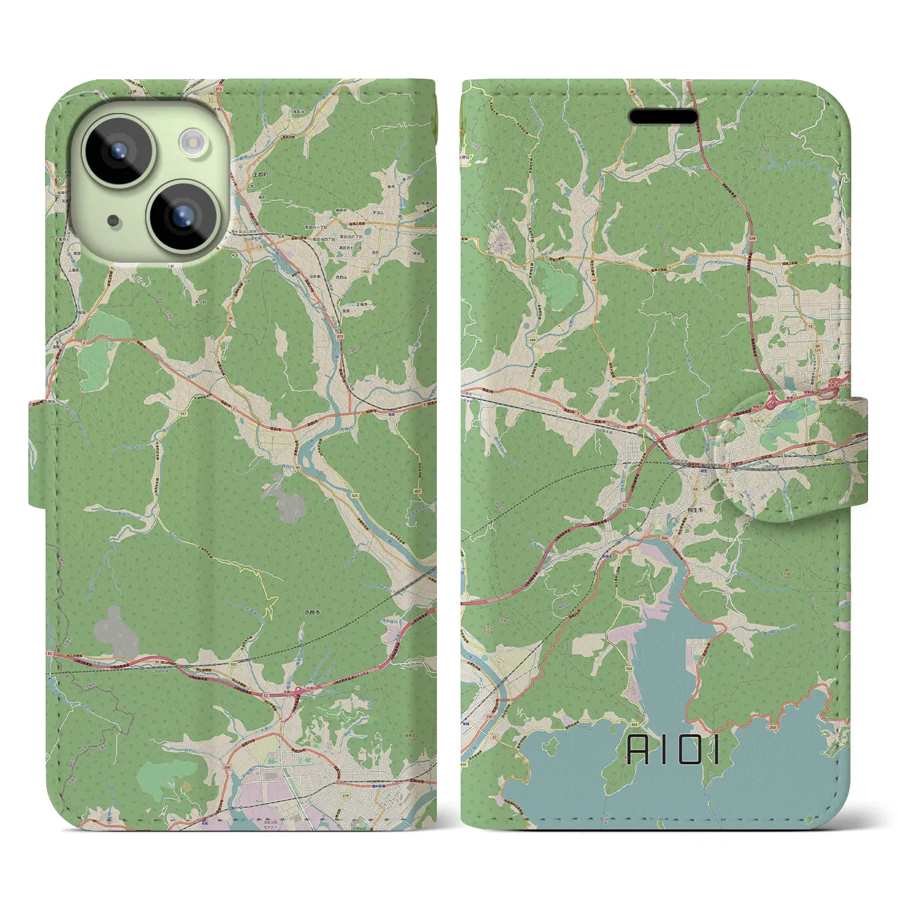 【相生】地図柄iPhoneケース（手帳両面タイプ・ナチュラル）iPhone 15 用