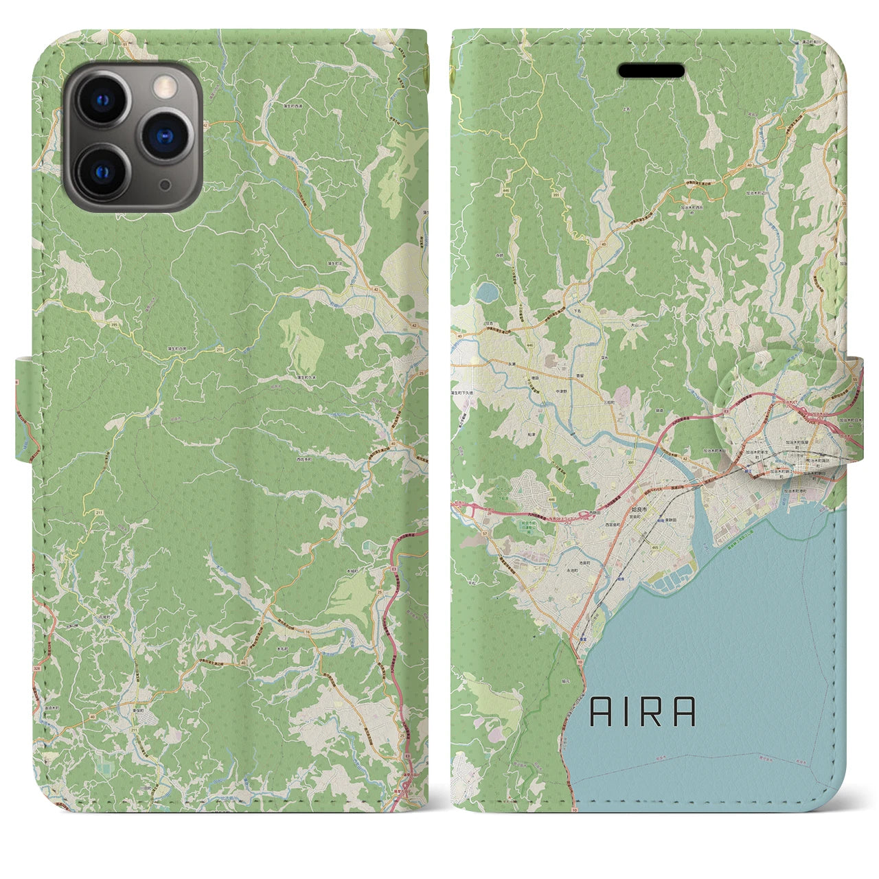 【姶良】地図柄iPhoneケース（手帳両面タイプ・ナチュラル）iPhone 11 Pro Max 用