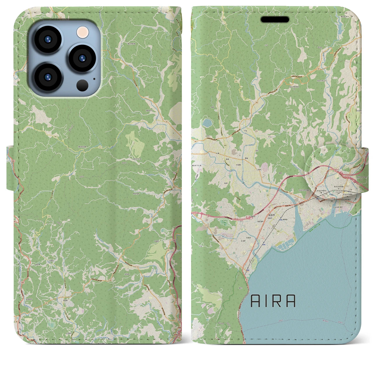 【姶良】地図柄iPhoneケース（手帳両面タイプ・ナチュラル）iPhone 13 Pro Max 用