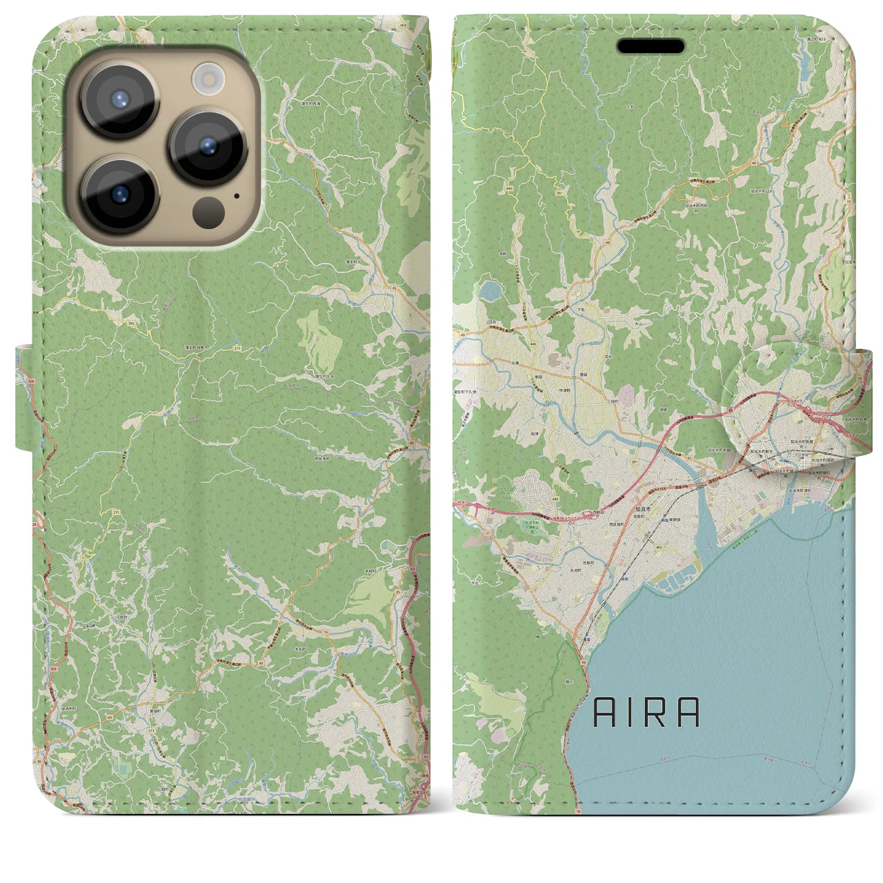 【姶良】地図柄iPhoneケース（手帳両面タイプ・ナチュラル）iPhone 14 Pro Max 用