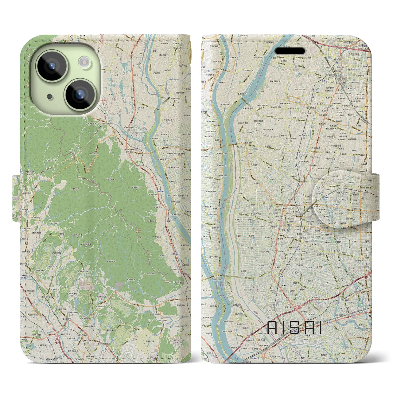 【愛西】地図柄iPhoneケース（手帳両面タイプ・ナチュラル）iPhone 15 用