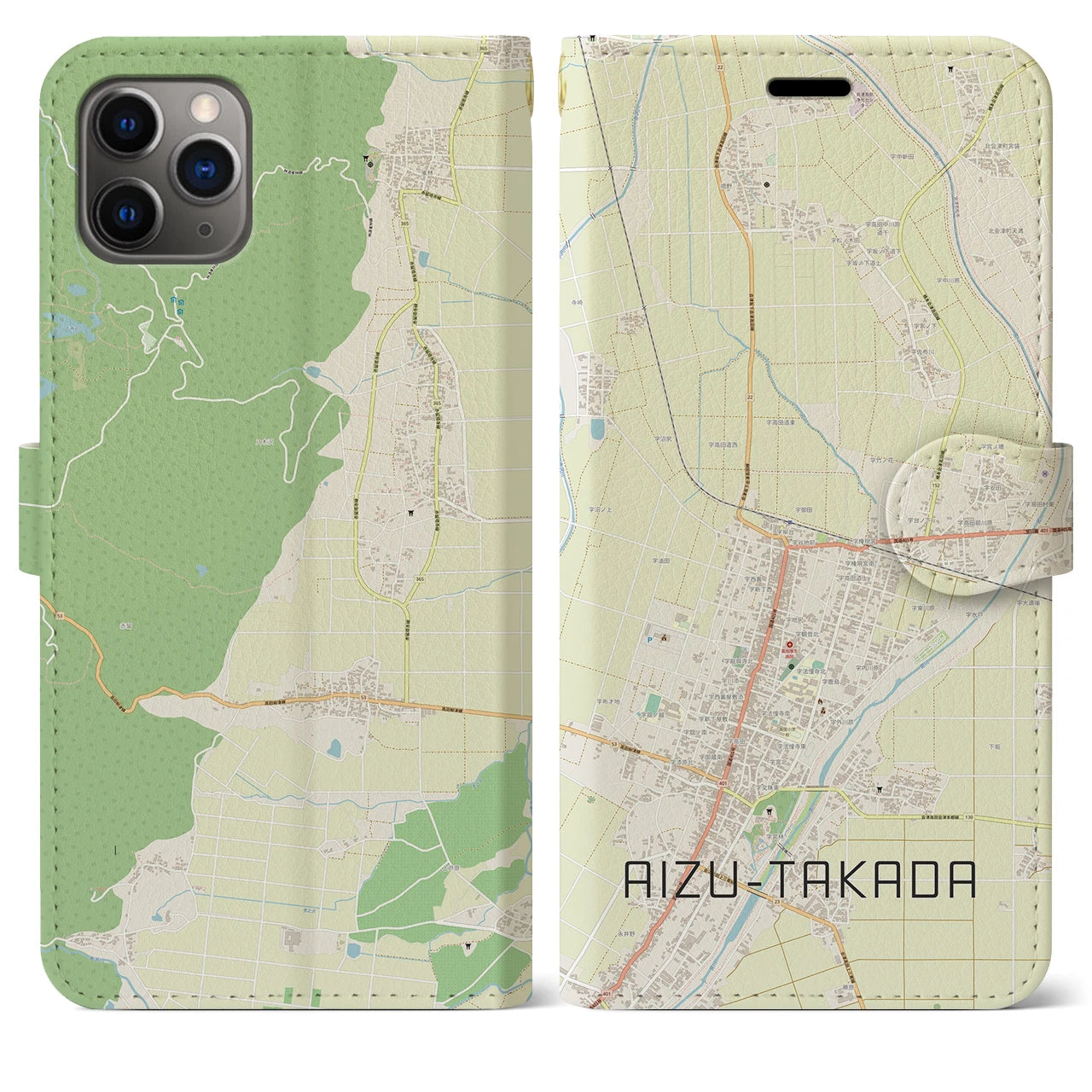 【会津高田】地図柄iPhoneケース（手帳両面タイプ・ナチュラル）iPhone 11 Pro Max 用