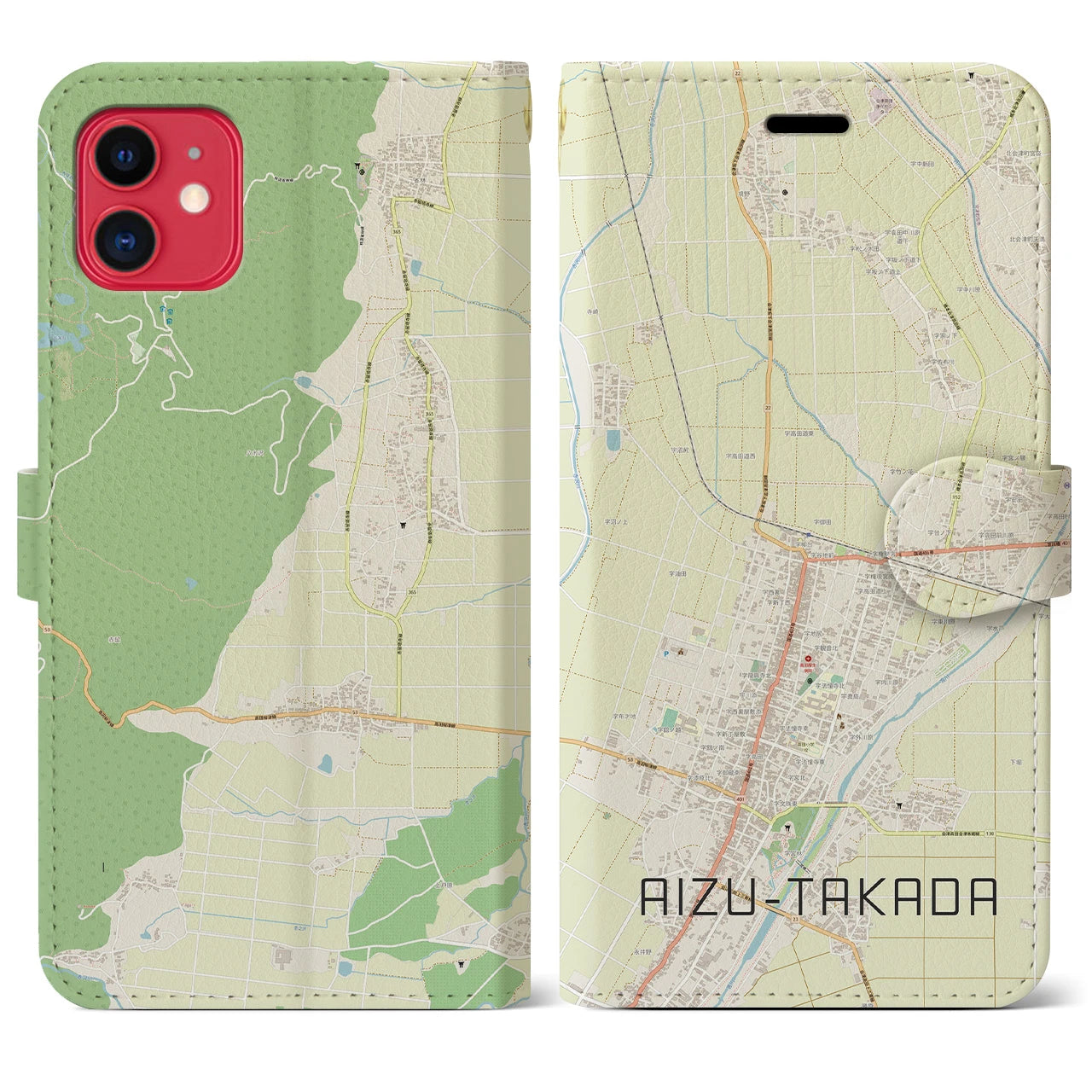 【会津高田】地図柄iPhoneケース（手帳両面タイプ・ナチュラル）iPhone 11 用