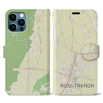 【会津高田（福島県）】地図柄iPhoneケース（手帳タイプ）ナチュラル・iPhone 12 / 12 Pro 用