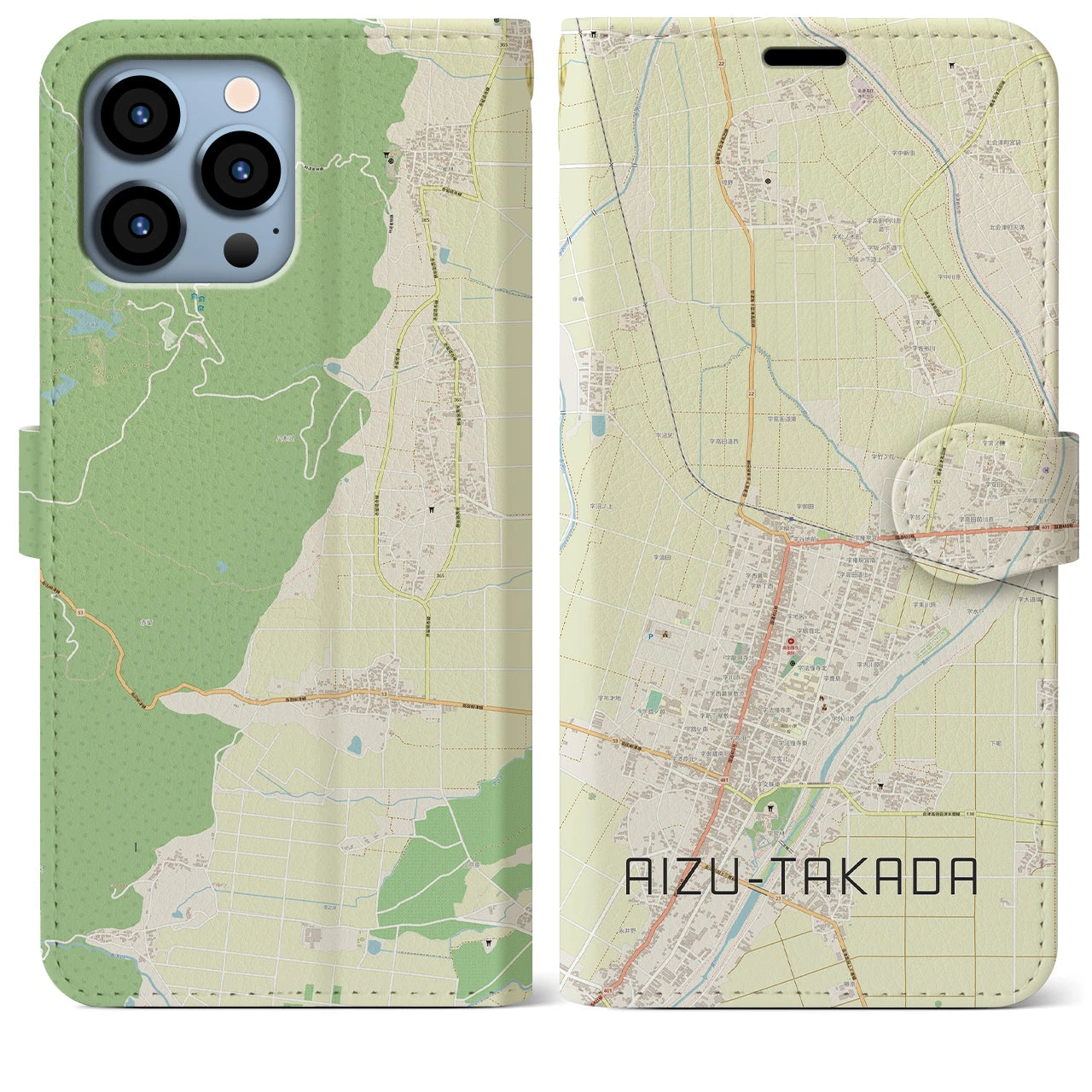 【会津高田】地図柄iPhoneケース（手帳両面タイプ・ナチュラル）iPhone 13 Pro Max 用