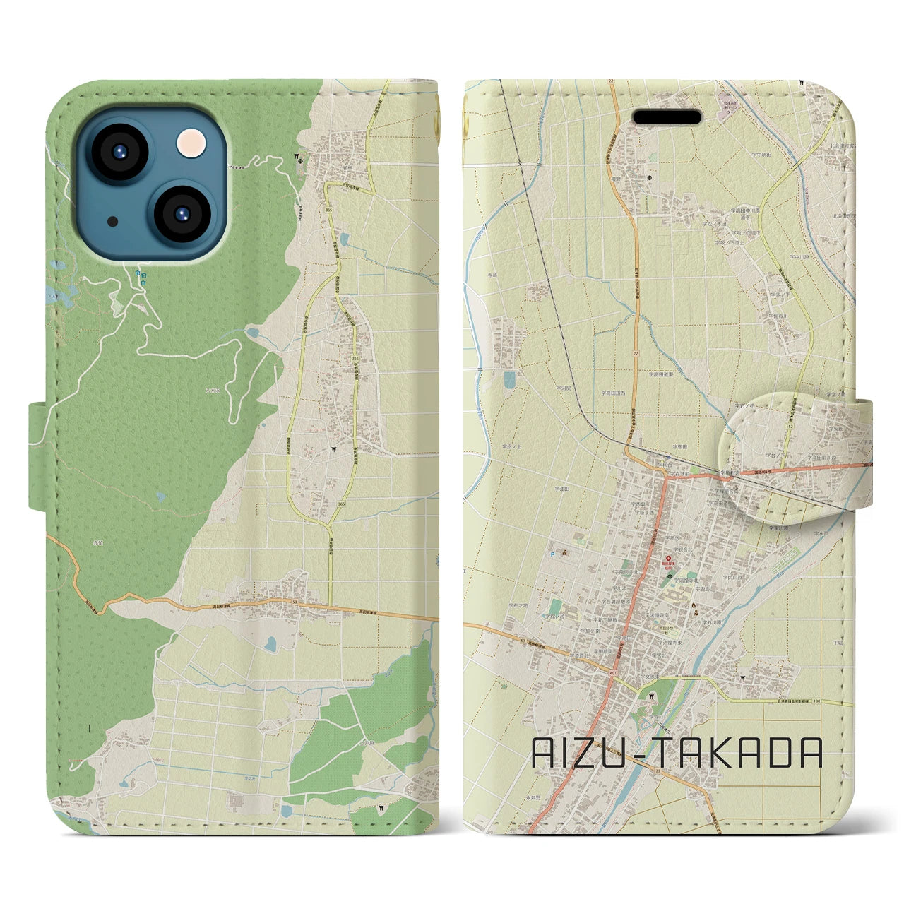 【会津高田（福島県）】地図柄iPhoneケース（手帳タイプ）ナチュラル・iPhone 13 用