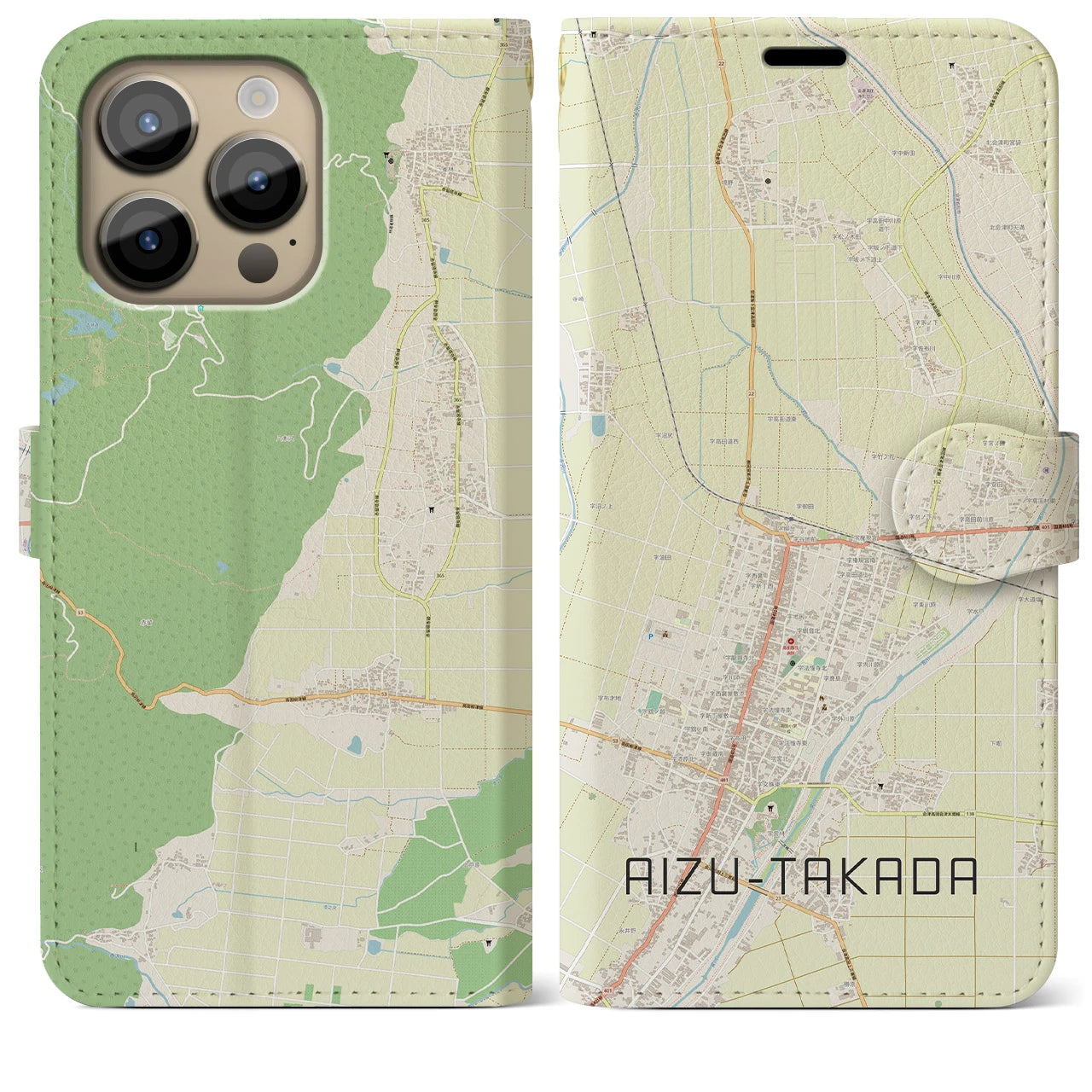 【会津高田】地図柄iPhoneケース（手帳両面タイプ・ナチュラル）iPhone 14 Pro Max 用