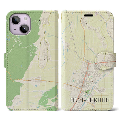 【会津高田（福島県）】地図柄iPhoneケース（手帳タイプ）ナチュラル・iPhone 14 用