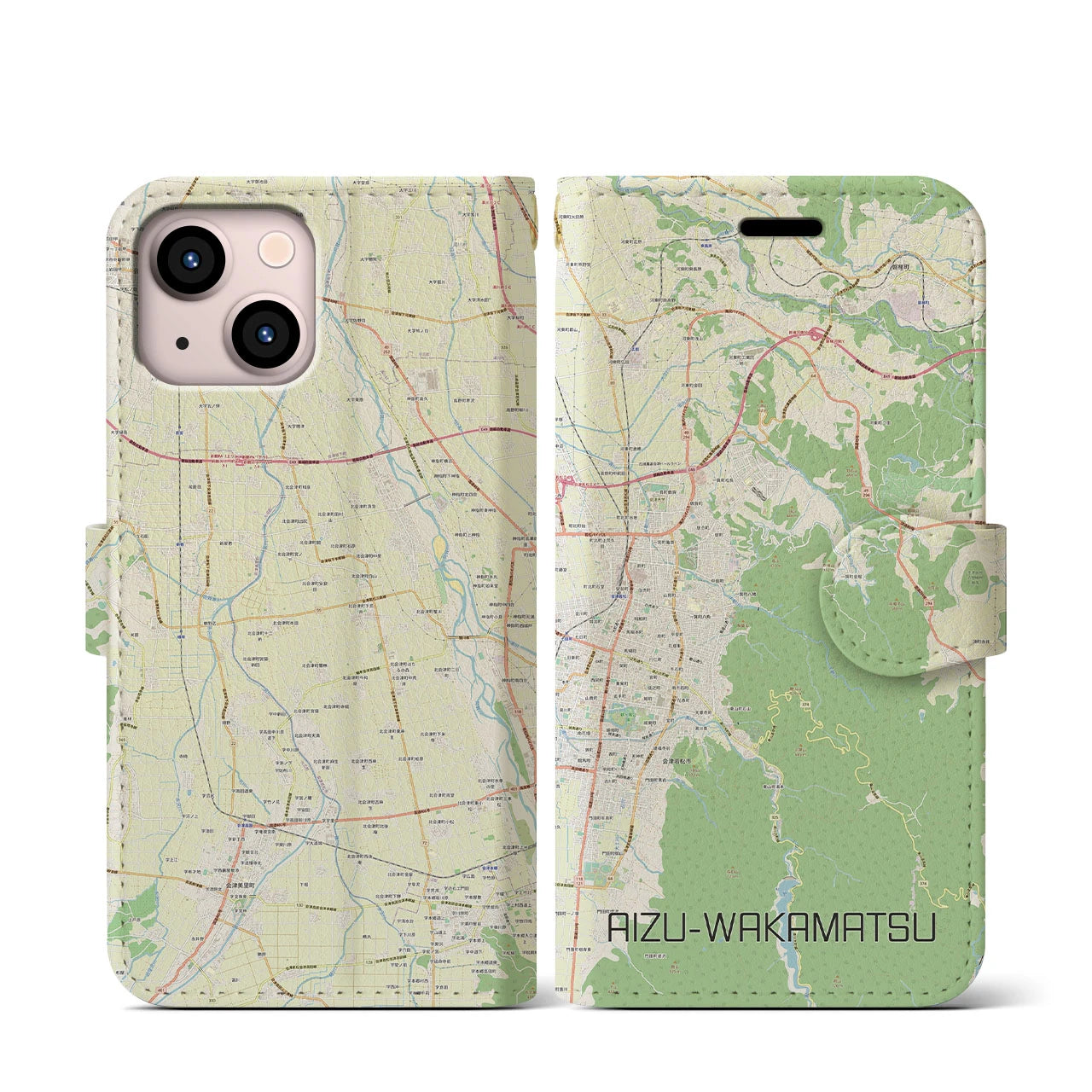 【会津若松】地図柄iPhoneケース（手帳両面タイプ・ナチュラル）iPhone 13 mini 用