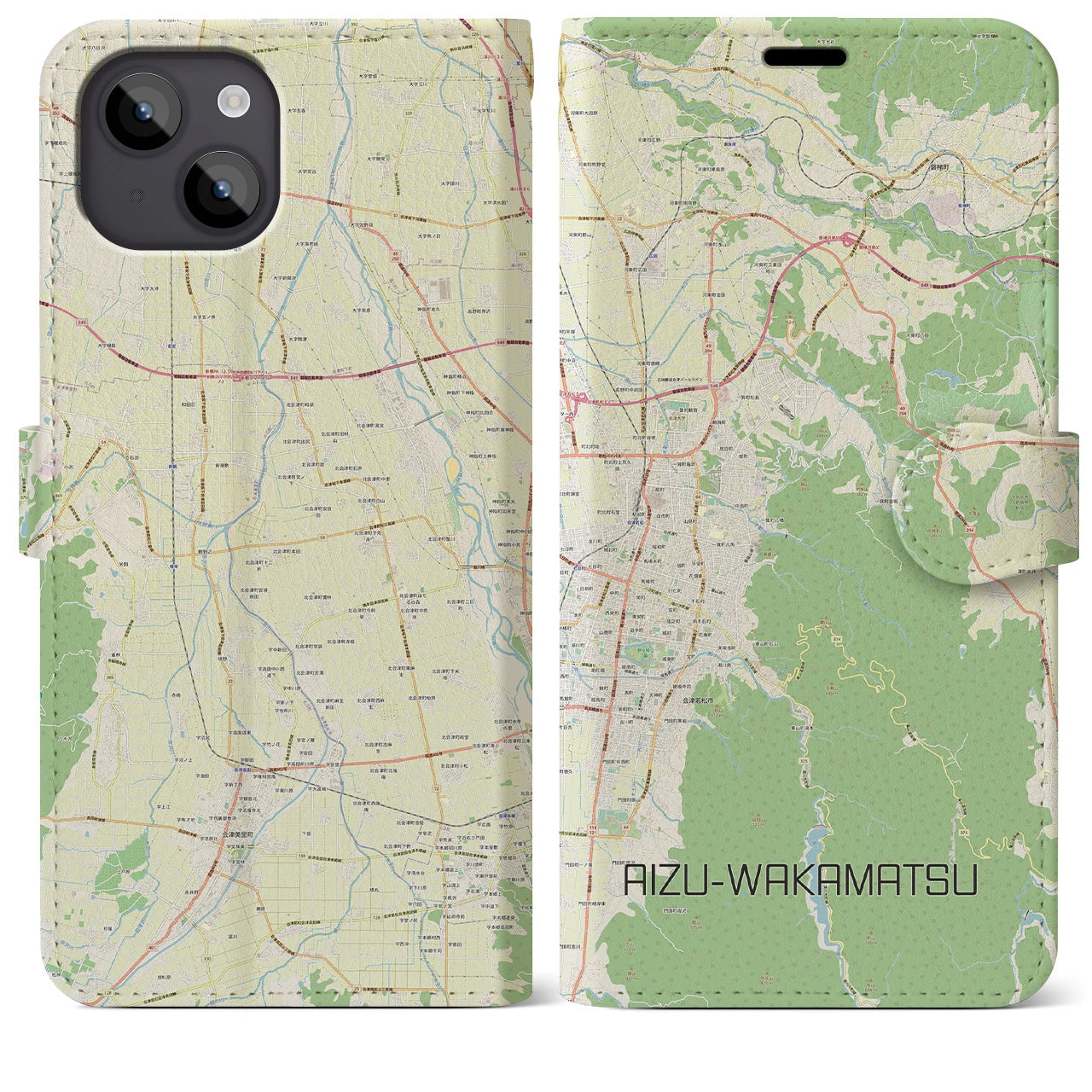 【会津若松】地図柄iPhoneケース（手帳両面タイプ・ナチュラル）iPhone 14 Plus 用