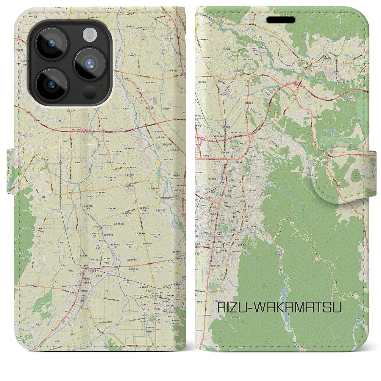 【会津若松】地図柄iPhoneケース（手帳両面タイプ・ナチュラル）iPhone 15 Pro Max 用