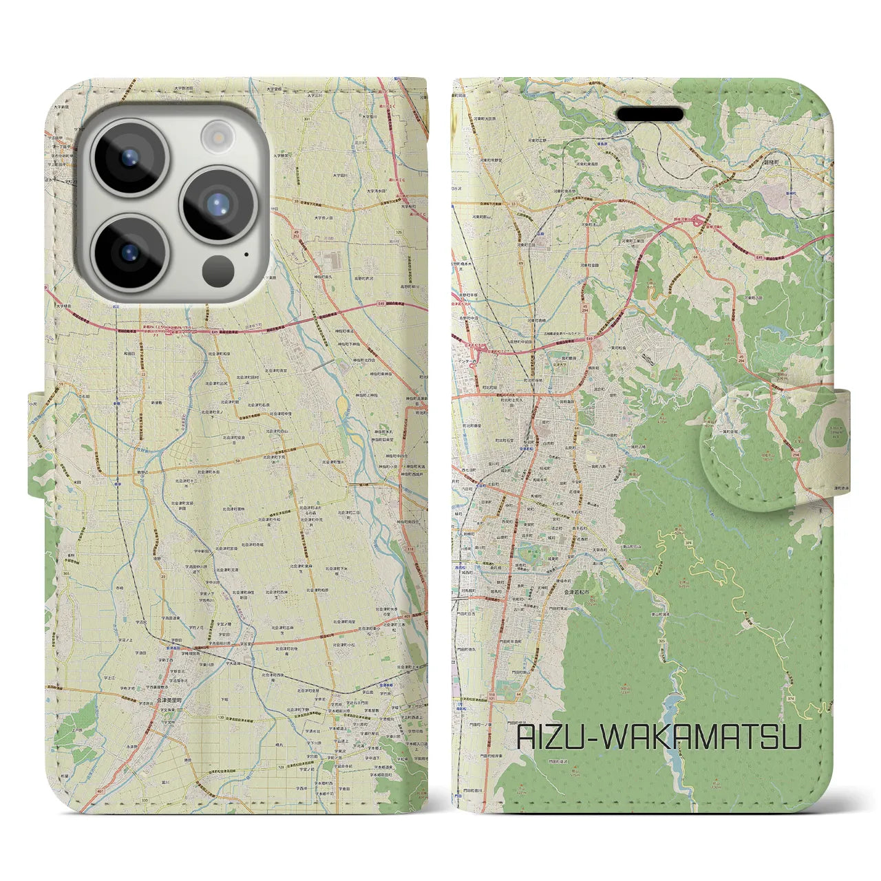 【会津若松】地図柄iPhoneケース（手帳両面タイプ・ナチュラル）iPhone 15 Pro 用