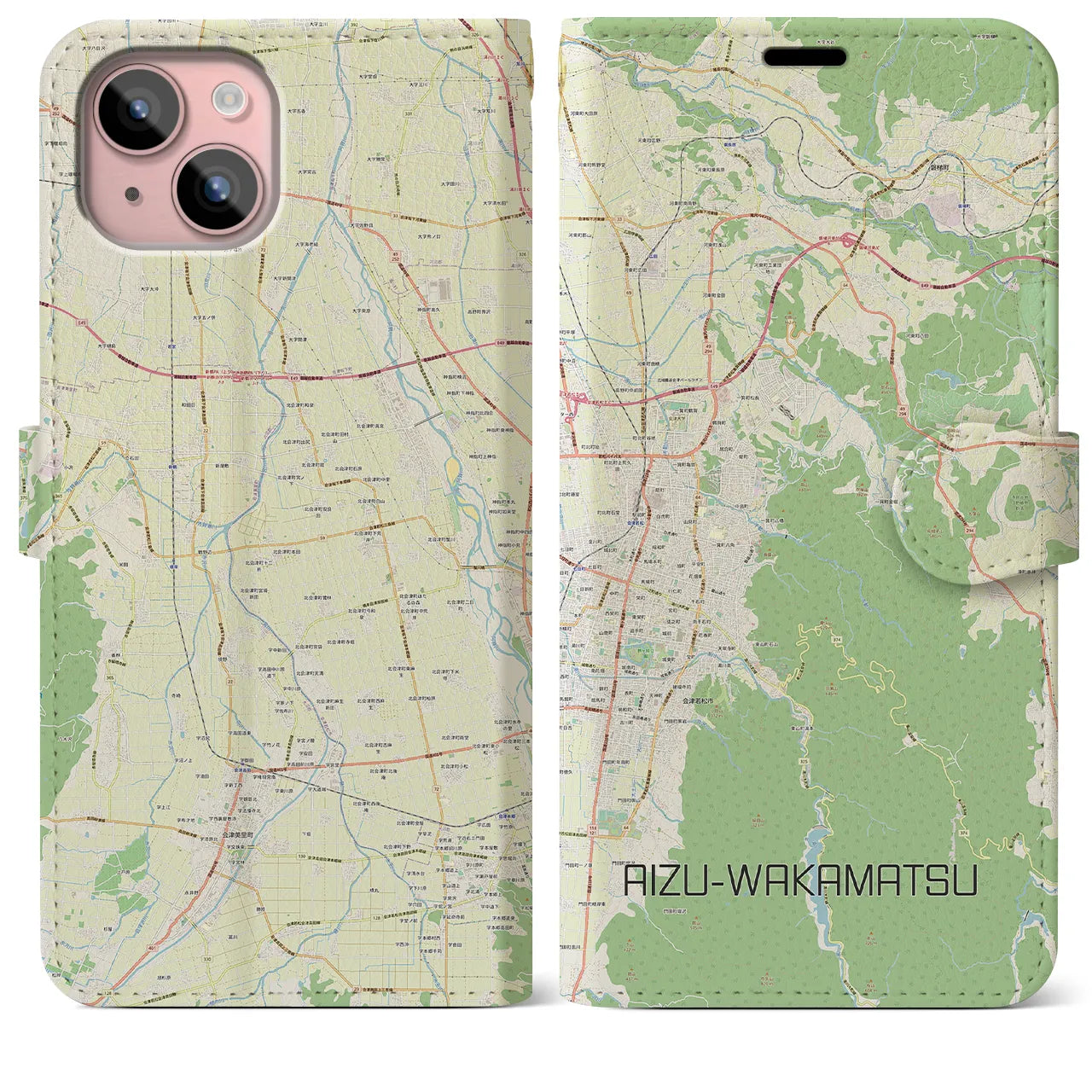 【会津若松】地図柄iPhoneケース（手帳両面タイプ・ナチュラル）iPhone 15 Plus 用
