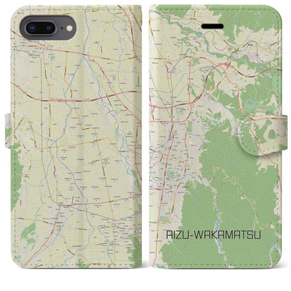 【会津若松（福島県）】地図柄iPhoneケース（手帳タイプ）ナチュラル・iPhone 8Plus /7Plus / 6sPlus / 6Plus 用