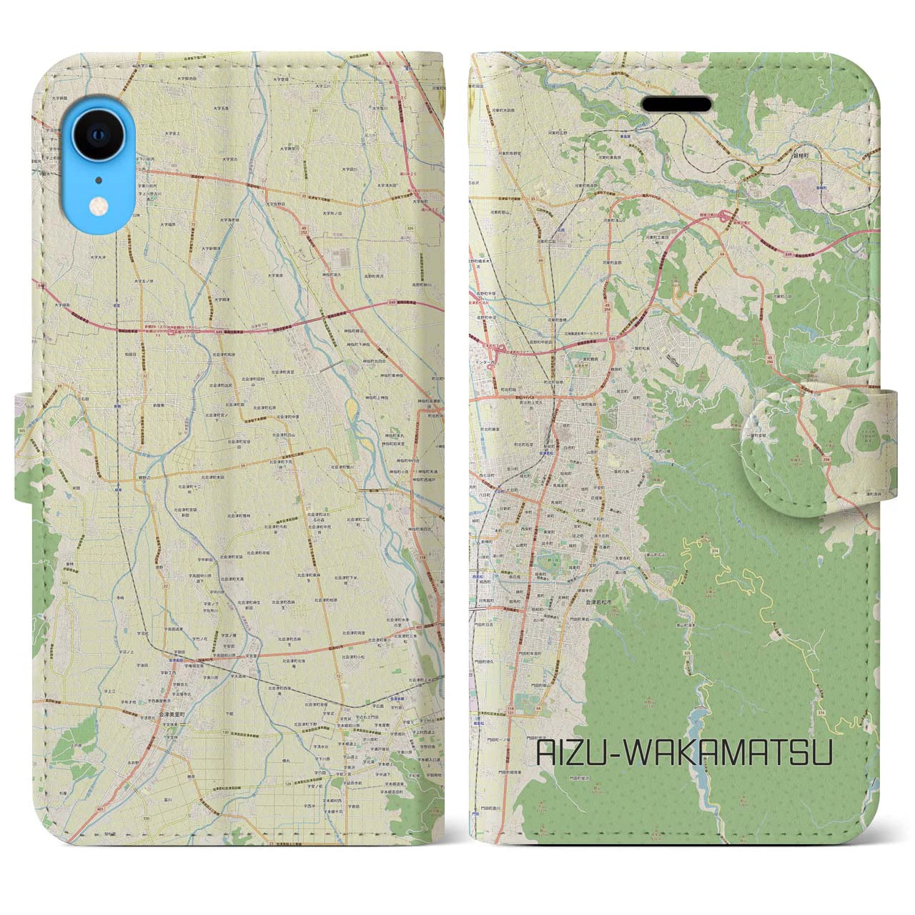 【会津若松】地図柄iPhoneケース（手帳両面タイプ・ナチュラル）iPhone XR 用