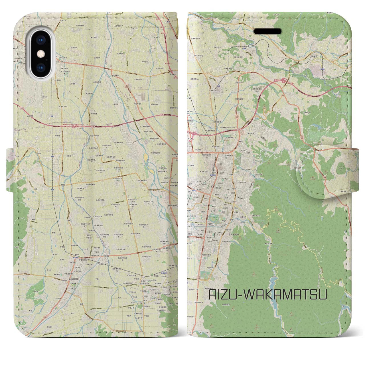 【会津若松】地図柄iPhoneケース（手帳両面タイプ・ナチュラル）iPhone XS Max 用