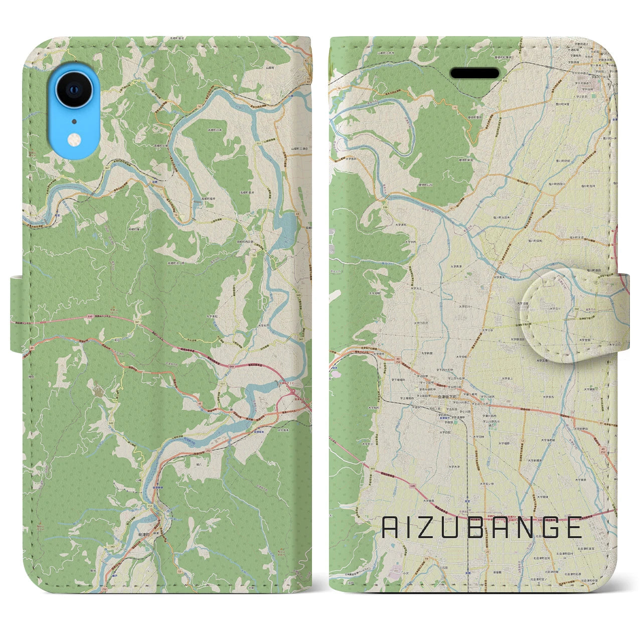 【会津坂下】地図柄iPhoneケース（手帳両面タイプ・ナチュラル）iPhone XR 用
