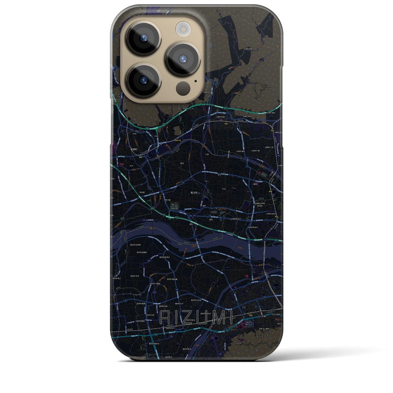 【藍住】地図柄iPhoneケース（バックカバータイプ・ブラック）iPhone 14 Pro Max 用