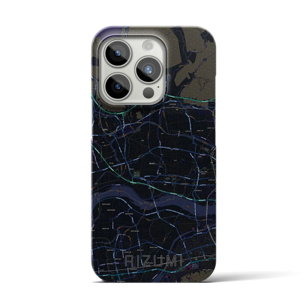 【藍住】地図柄iPhoneケース（バックカバータイプ・ブラック）iPhone 15 Pro 用