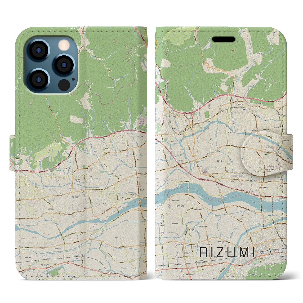 【藍住】地図柄iPhoneケース（手帳両面タイプ・ナチュラル）iPhone 12 / 12 Pro 用