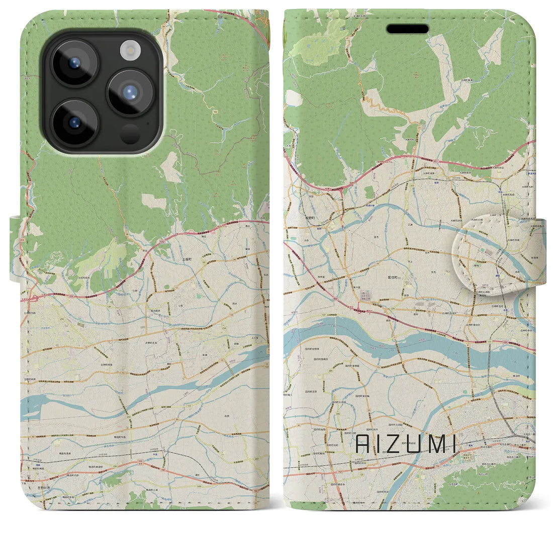 【藍住】地図柄iPhoneケース（手帳両面タイプ・ナチュラル）iPhone 15 Pro Max 用