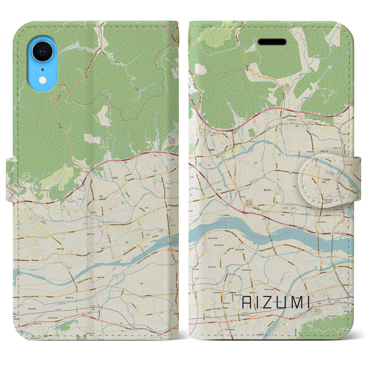 【藍住】地図柄iPhoneケース（手帳両面タイプ・ナチュラル）iPhone XR 用