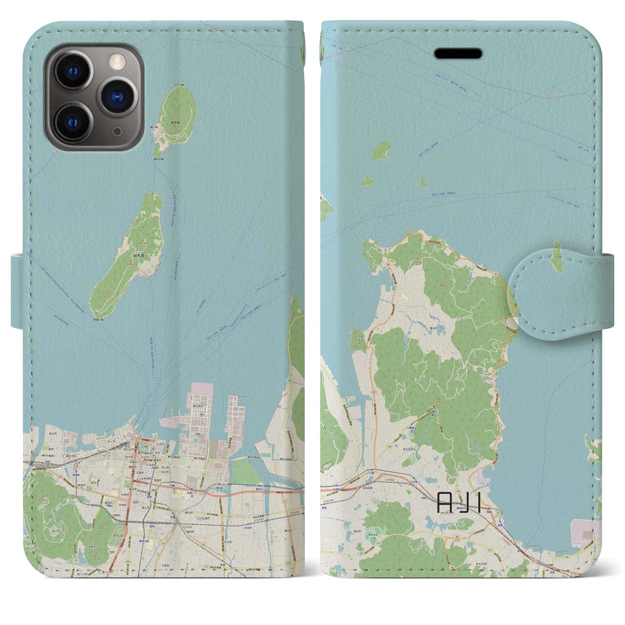 【庵治】地図柄iPhoneケース（手帳両面タイプ・ナチュラル）iPhone 11 Pro Max 用