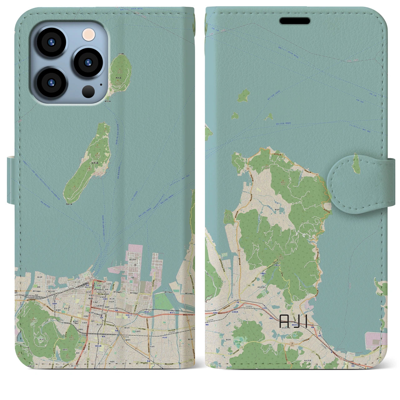 【庵治】地図柄iPhoneケース（手帳両面タイプ・ナチュラル）iPhone 13 Pro Max 用
