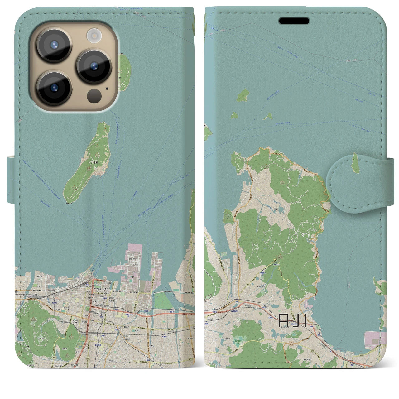 【庵治】地図柄iPhoneケース（手帳両面タイプ・ナチュラル）iPhone 14 Pro Max 用