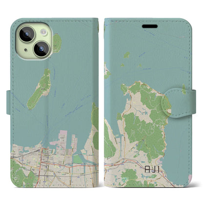 【庵治（香川県）】地図柄iPhoneケース（手帳タイプ）ナチュラル・iPhone 15 用
