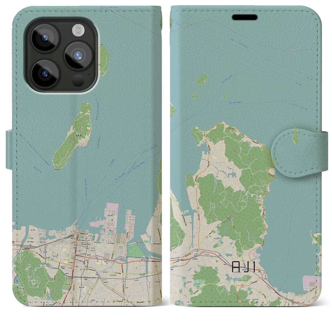 【庵治】地図柄iPhoneケース（手帳両面タイプ・ナチュラル）iPhone 15 Pro Max 用
