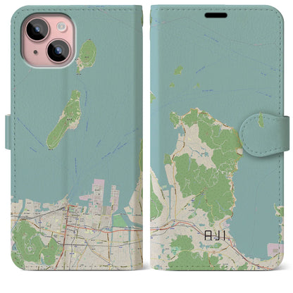 【庵治（香川県）】地図柄iPhoneケース（手帳タイプ）ナチュラル・iPhone 15 Plus 用