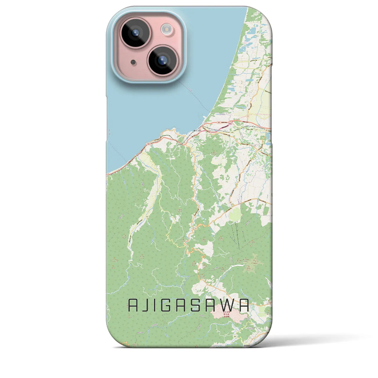 【鰺ヶ沢】地図柄iPhoneケース（バックカバータイプ・ナチュラル）iPhone 15 Plus 用