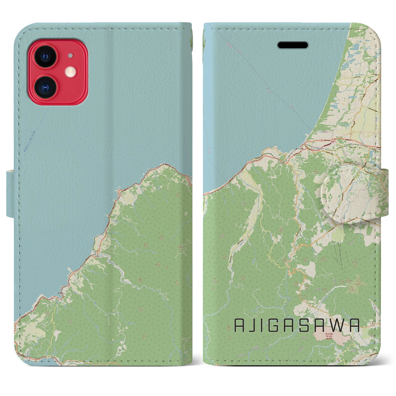 【鰺ヶ沢】地図柄iPhoneケース（手帳両面タイプ・ナチュラル）iPhone 11 用