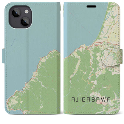 【鰺ヶ沢（青森県）】地図柄iPhoneケース（手帳タイプ）ナチュラル・iPhone 14 Plus 用