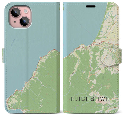 【鰺ヶ沢（青森県）】地図柄iPhoneケース（手帳タイプ）ナチュラル・iPhone 15 Plus 用