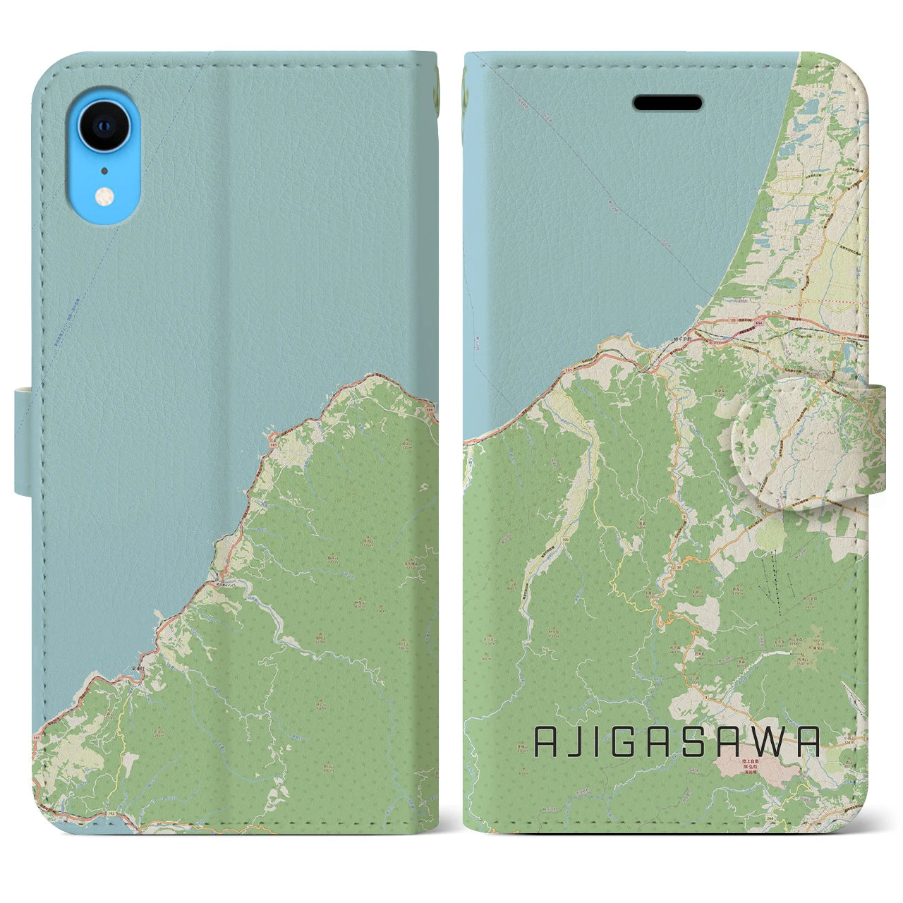 【鰺ヶ沢】地図柄iPhoneケース（手帳両面タイプ・ナチュラル）iPhone XR 用