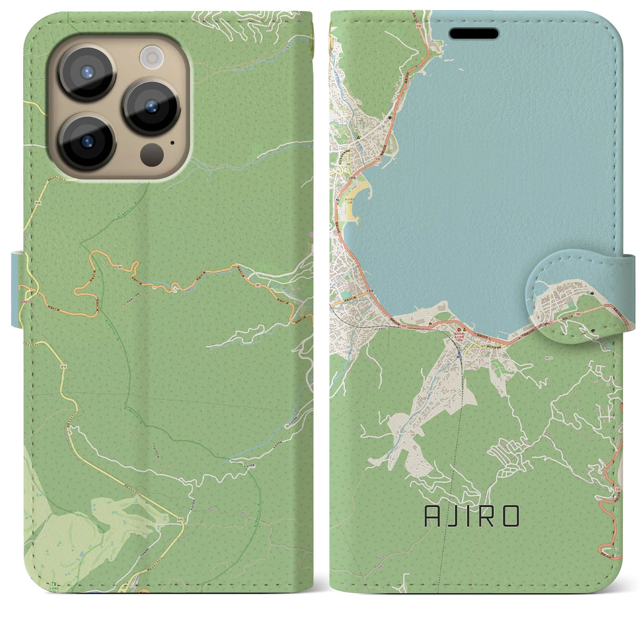 【網代】地図柄iPhoneケース（手帳両面タイプ・ナチュラル）iPhone 14 Pro Max 用