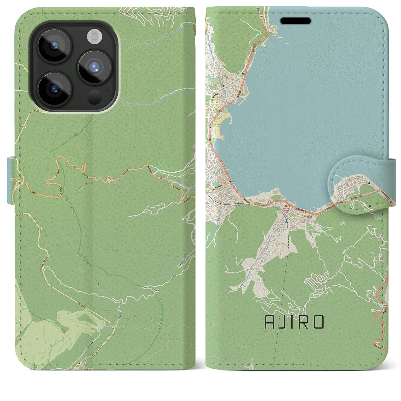 【網代】地図柄iPhoneケース（手帳両面タイプ・ナチュラル）iPhone 15 Pro Max 用