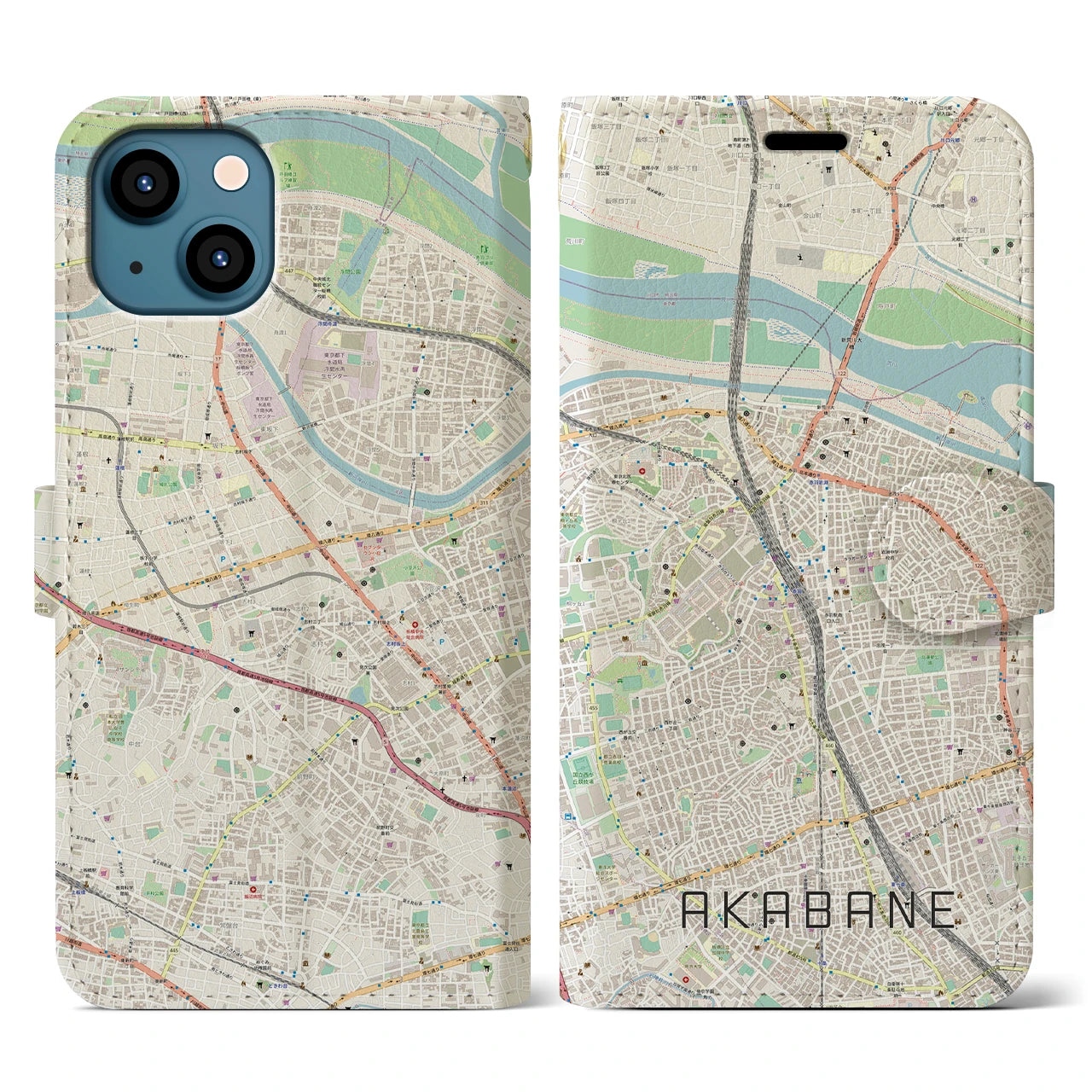 【赤羽】地図柄iPhoneケース（手帳両面タイプ・ナチュラル）iPhone 13 用