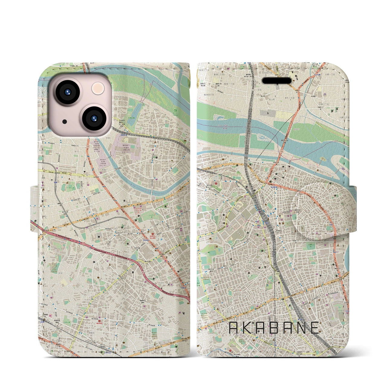 【赤羽】地図柄iPhoneケース（手帳両面タイプ・ナチュラル）iPhone 13 mini 用