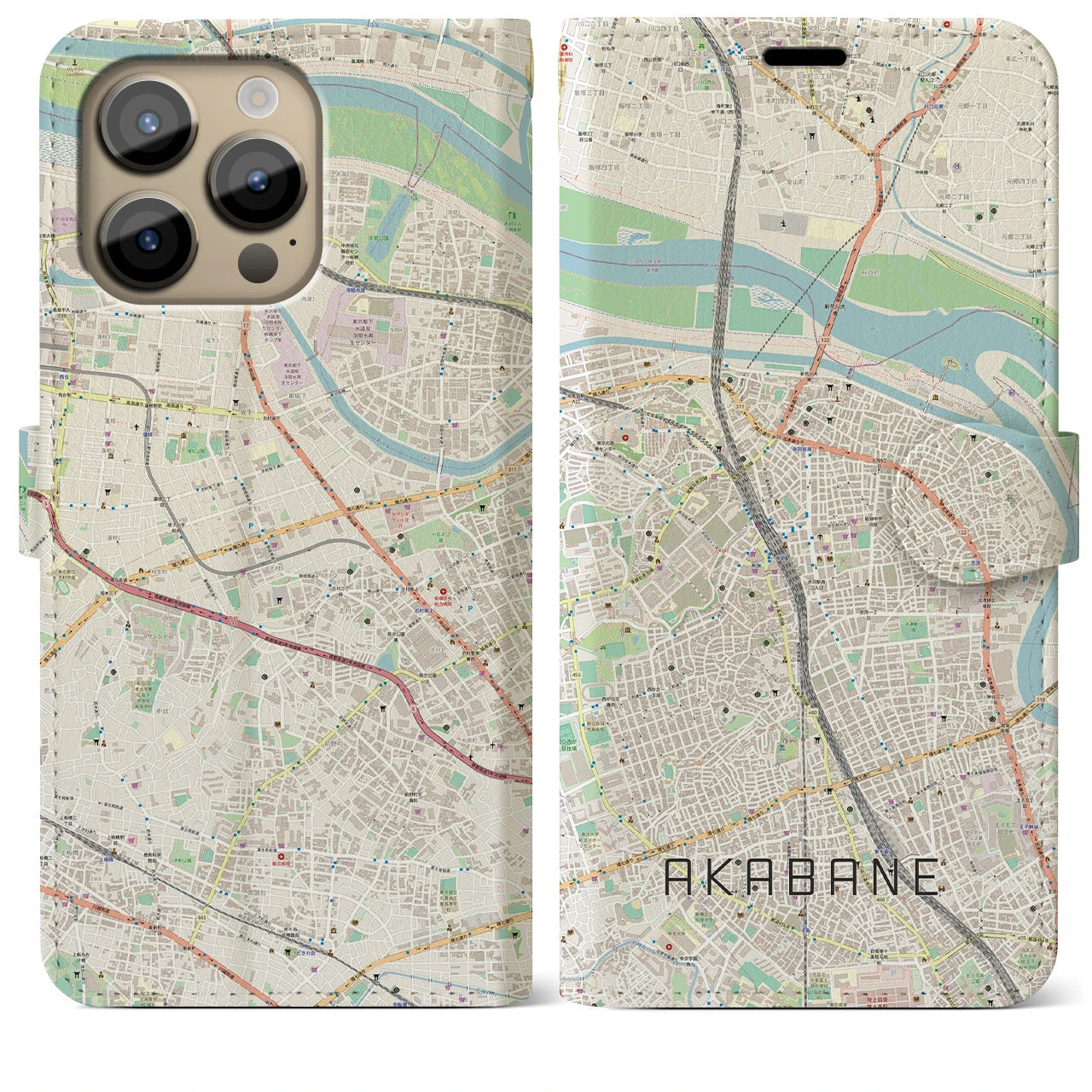 【赤羽】地図柄iPhoneケース（手帳両面タイプ・ナチュラル）iPhone 14 Pro Max 用