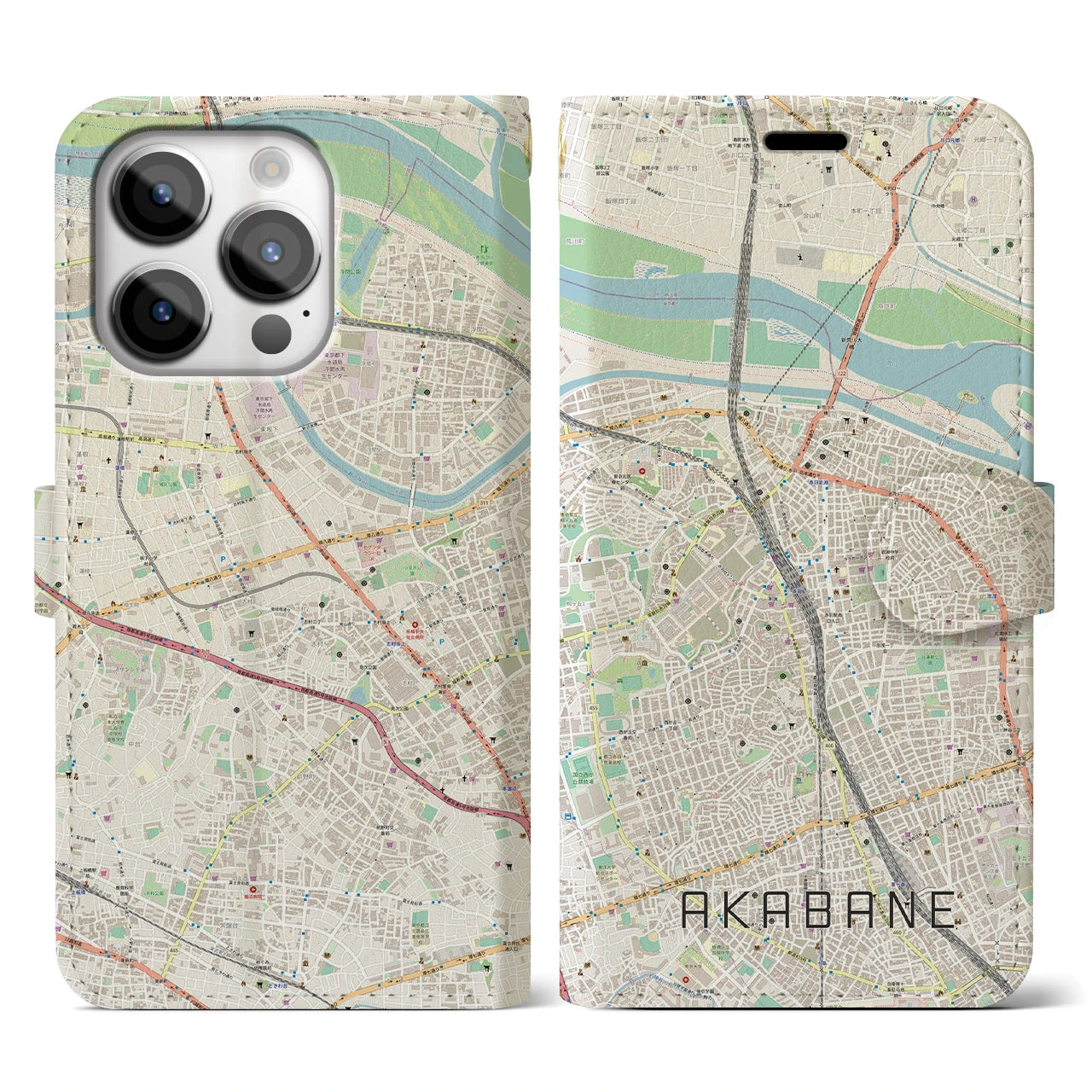 【赤羽】地図柄iPhoneケース（手帳両面タイプ・ナチュラル）iPhone 14 Pro 用